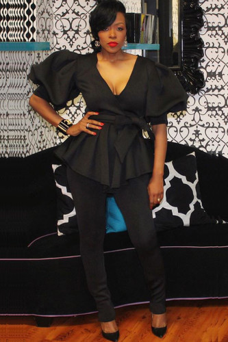 Black Sexy Solid bow-knot Patchwork Two Piece Suits pencil Short Sleeve Two-piece Pants Set