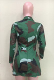 Green Notched Patchwork Camouflage Print Button Acetyl fiber Print Long Sleeve 