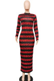 Red Fashion Street Adult Milk Fiber Patchwork Print Patchwork O Neck Long Sleeve Ankle Length One-piece Suits Dresses