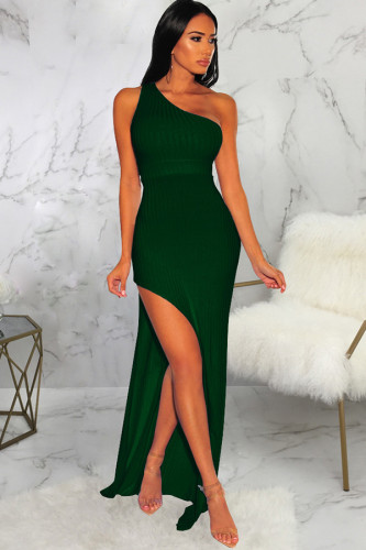 Green Polyester Sexy One Shoulder Sleeveless one shoulder collar Step Skirt Floor-Length Solid Patchwork  