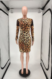 Lässige Leoparden-Patchwork-O-Ausschnitt-Kleider mit Leopardenmuster