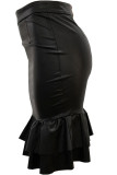 Black PU Zipper Fly Mid Patchwork Zippered Solid Mermaid skirt Skirts