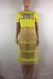 Yellow Fashion Sexy Cap Sleeve Short Sleeves O neck Pleated Mid-Calf Mesh Patchwork macrame Print