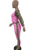 Trajes casuales de dos piezas de color rosa Lápiz de patchwork de leopardo Conjunto de pantalones de dos piezas de manga larga