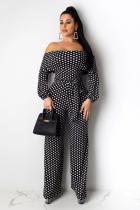Black Fashion Sexy bandage Patchwork Polka Dot Polyester Long Sleeve one word collar  Jumpsuits