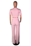 Roze mode volwassen licht gekookt tweedelige pakken knop effen recht korte mouw tweedelig