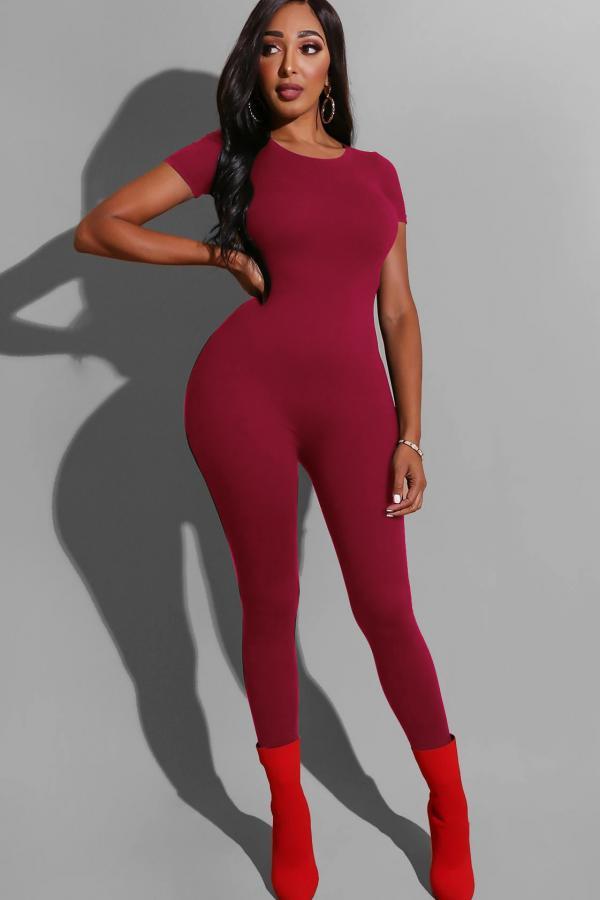 Wine Red Fashion Sexy Solid Patchwork Short Sleeve O Neck Jumpsuits