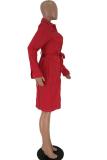 Red Sexy Fashion adult Cap Sleeve Long Sleeves Notched Straight Knee-Length Solid Patchwork ba