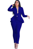 Blue Casual Two Piece Suits Patchwork ruffle Solid pencil Long Sleeve