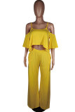 Yellow Sexy Fashion Patchwork ruffle Solid Straight Half Sleeve Two-piece Pants Set