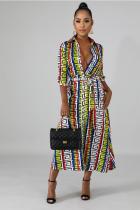 Multi-color Polyester Sexy Fashion Cap Sleeve 3/4 Length Sleeves Turndown Collar Step Skirt Mid-Calf Geometric b