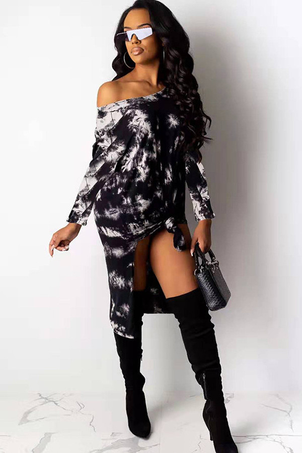 Black Sexy One Shoulder Long Sleeves one shoulder collar Step Skirt Knee-Length Print
