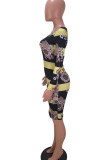 Черно-желтая модная повседневная сексуальная юбка с короткими рукавами и длинными рукавами с круглым вырезом, ступенчатая юбка длиной до колена, в полоску с цветочным принтом P