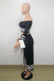 Black And White Sexy Patchwork High Opening Bateau Neck Long Sleeve Two Pieces