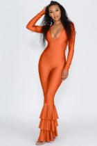 Oranje sexy mode effen gegolfde V-hals met lange mouwen