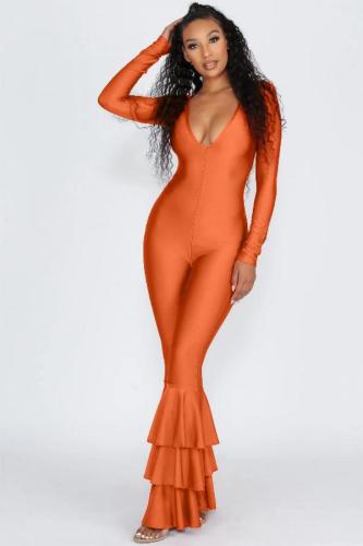 Orange Sexy Fashion Solid Ruffled Long Sleeve V Neck 