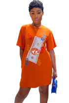 Оранжевая сексуальная юбка с короткими рукавами и круглым вырезом, ступенчатая юбка длиной до колена с принтом