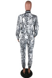 ローズレッド大人のセクシーなファッションプリント蛇紋岩パッチワークツーピーススーツ鉛筆長袖