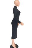 Черный модный повседневный взрослый сплошной полуводолазка с длинным рукавом до середины икры цельные костюмы платья