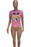 Pink O Neck Short Sleeve Patchwork Print Sequin Tees & T-shirts
