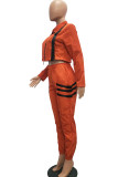 オレンジカジュアルツーピーススーツソリッドパッチワークペンシル長袖ツーピースパンツセット