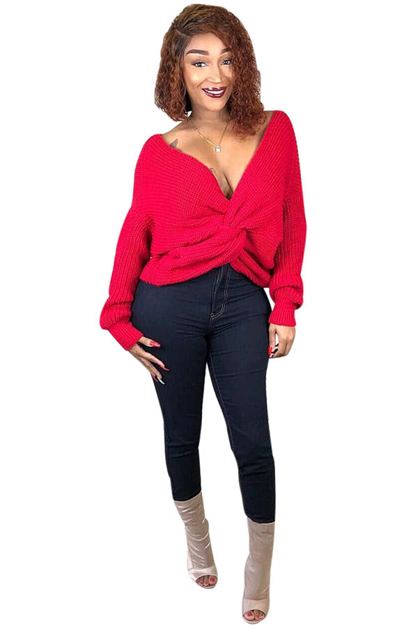 Red V Neck Long Sleeve Solid