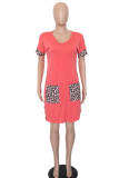 Red Casual Short Sleeves V Neck Pencil Dress Knee-Length Print Leopard Dresses