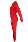 Röd mode vuxen Sexig rosett solid tvådelad kostym Patchwork rak långärmad tvådelad