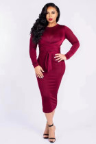 Wine Red Polyester adult Fashion Casual Cap Sleeve Long Sleeves O neck Step Skirt Mid-Calf bandage Patchwork 