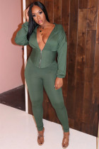 ダークグリーンカジュアル大人のファッションジッパー付きパッチワークツーピーススーツプリントペンシル長袖ツーピース