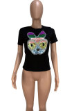 Black O Neck Short Sleeve Patchwork Print Sequin Tees & T-shirts