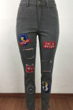 Grey Street Embroidered Print Patchwork Mid Waist Regular Denim Jeans (Without Belt)