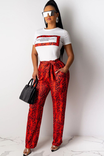 Red Polyester Drawstring Mid Patchwork Print Loose Pants  Pants