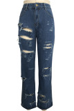 Синие джинсовые прямые брюки с пуговицами и застежкой-молнией