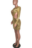 Guld Sexig långärmad O-hals Slim Dress kjol Paljett ihåliga klubbklänningar