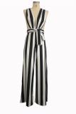 Black Sexy Fashion zipper Striped Print Patchwork Sleeveless V Neck Jumpsuits