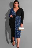 Bleu Sexy mode adulte col en V Patchwork imprimé léopard pansement couture robes de grande taille