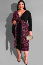 Röd sexig vuxenmode V-hals Patchwork Print Leopardbandagesömmar Plus Size-klänningar
