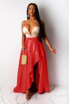 Red Polyester Zipper Fly Mid Asymmetrical Patchwork Solid Loose  Skirts