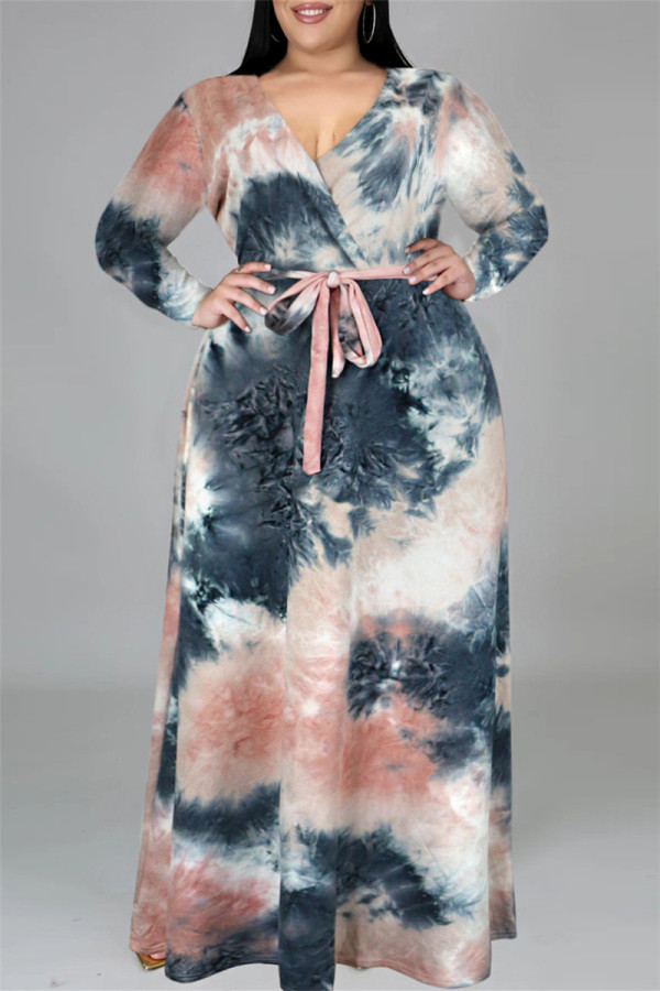 Mörkgrå Mode Casual Print Tie-dye V-ringad långärmad klänning i plusstorlek