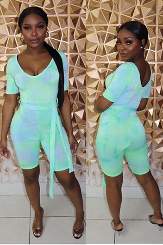 colour Sexy Fashion Tie-dyed Print ed drawing bandage Short Sleeve O Neck Rompers