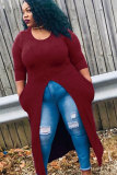 Wine Red O Neck Long Sleeve Solid asymmetrical Long Sleeve Tops