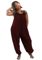 Red Polyester Bow No belt Patchwork Fashion sexy Jumpsuits & Rompers