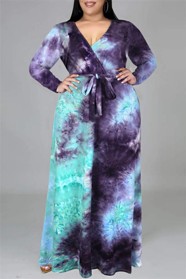 Синее фиолетовое модное повседневное платье с принтом тай-дай и V-образным вырезом с длинным рукавом большого размера