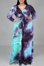 Robe mode décontracté imprimé tie-dye col en V manches longues grande taille bleu violet