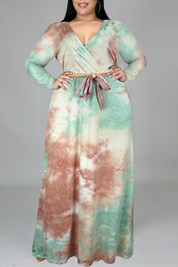 Голубое модное повседневное платье с принтом тай-дай и V-образным вырезом с длинным рукавом большого размера