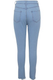 Pantalones de mezclilla azul con botones y bragueta con cremallera y bolsillo alto con cremallera y agujero para lavado