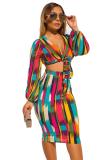 Multi-color adult Street Fashion Two Piece Suits Print Tie Dye Striped Hip skirt Long Sleeve Two-Piec