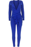 Royal blue Sexy asymmetrical Solid Two Piece Suits ruffle Patchwork pencil Long Sleeve Two-piece Pan