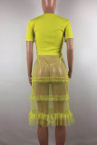 Yellow Fashion Sexy Cap Sleeve Short Sleeves O neck Pleated Mid-Calf Mesh Patchwork macrame Print